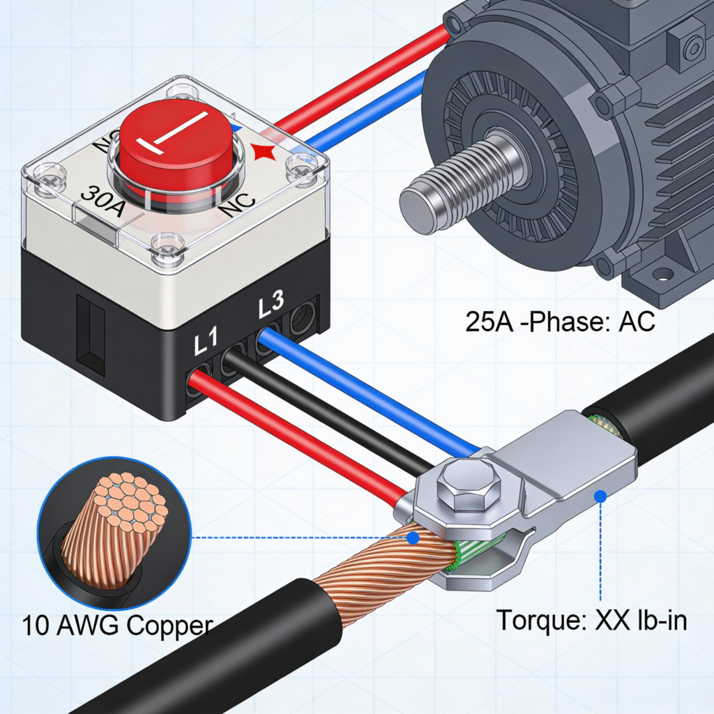 isometric wiring diagram, 30A push button switch, 25A industrial motor, 10 AWG copper wire, heavy-duty crimp terminal, technical schematic, annotated, vector style
