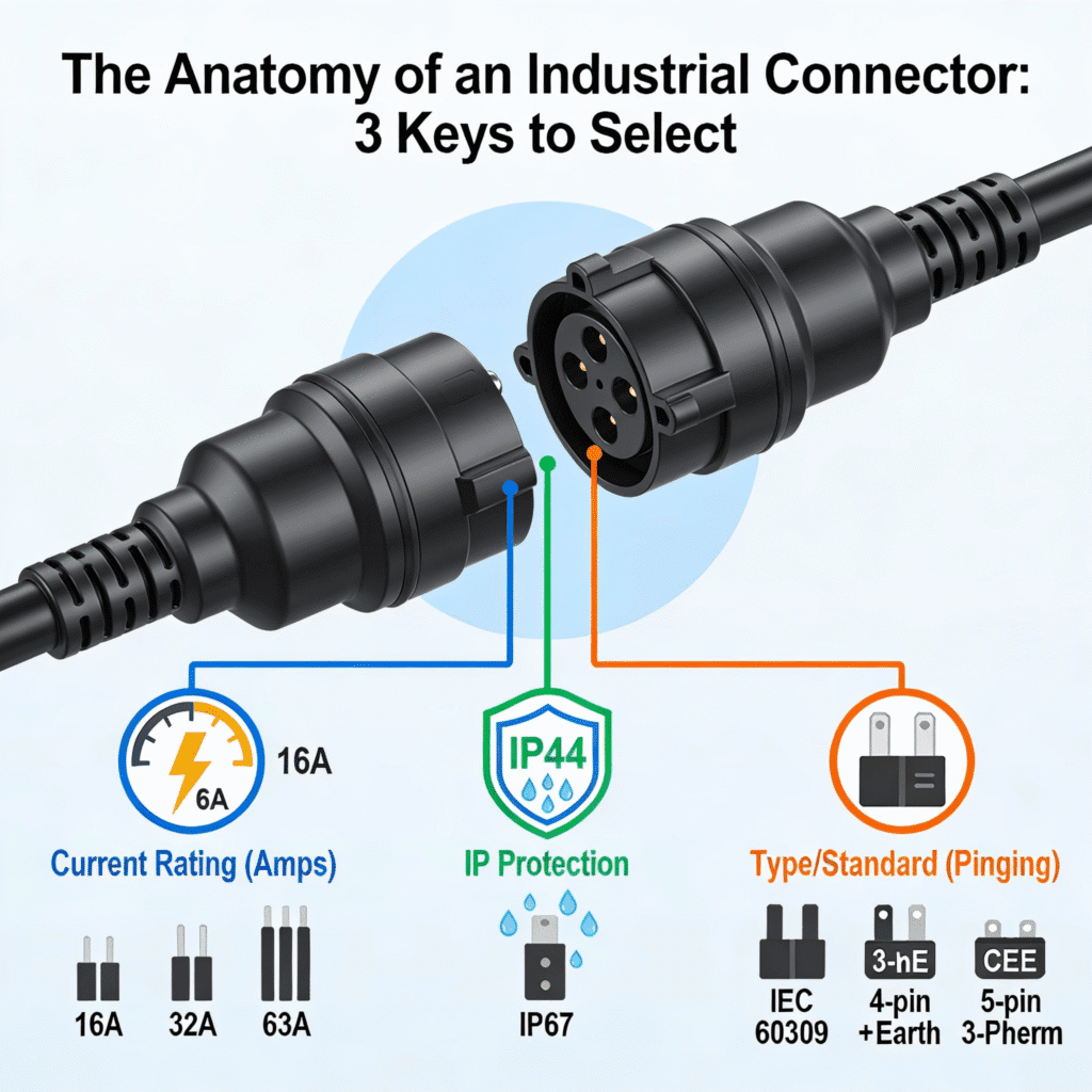 Infographic breaking down the three key selection criteria for industrial plugs and sockets: current rating (Amps), ingress protection (IP rating), and pin configuration/type.