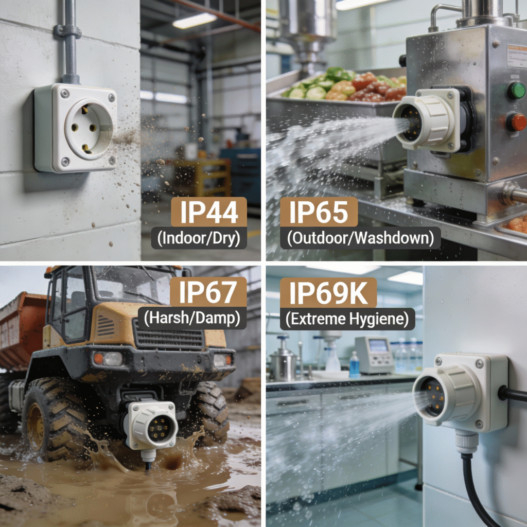 A four-quadrant visual guide showing industrial plugs and sockets with different IP ratings (IP44, IP65, IP67, IP69K) correctly deployed in their corresponding environments from dry workshops to high-pressure washdown areas.
