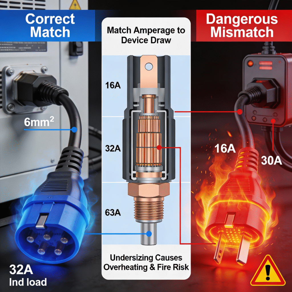 Safety comparison diagram showing the correct matching of plug current rating to device load versus the dangerous overheating caused by using an underrated plug.