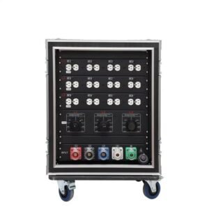 industrial-power-distribution-box-with-camlock-input-front 200A-power-distribution-panel-edison-socapex-outputs three-phase-LCD-current-meter-on-distribution-box heavy-duty-shockproof-power-box-side-handles professional-stage-power-distribution-unit-socapex 400A-camlock-connector-input-for-industrial-distro-box