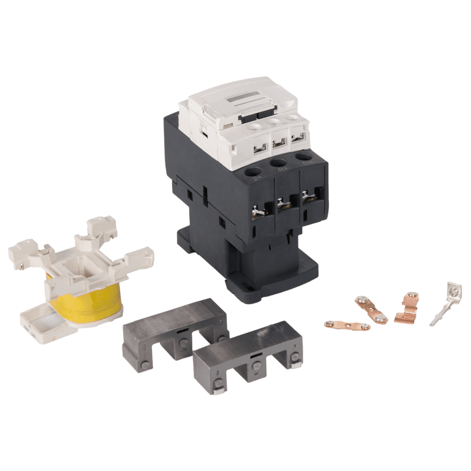 Complete LC1D series contactors lineup from 9A to 620A LC1D contactor comparison chart showing sizes and ratings DIN rail mounting demonstration of LC1D32 contactor Standard wiring diagram for a DOL starter using an LC1D contactor Close-up of LC1D contactor terminals and coil connections Industrial control panel featuring LC1D series compatible contactors