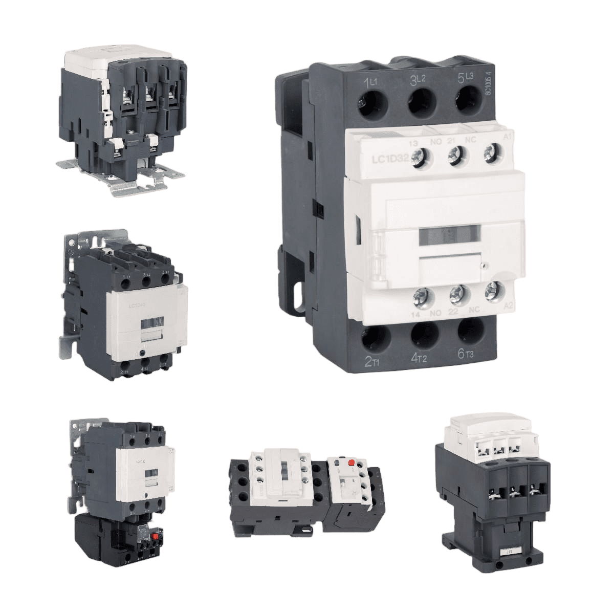 Complete LC1D series contactors lineup from 9A to 620A LC1D contactor comparison chart showing sizes and ratings DIN rail mounting demonstration of LC1D32 contactor Standard wiring diagram for a DOL starter using an LC1D contactor Close-up of LC1D contactor terminals and coil connections Industrial control panel featuring LC1D series compatible contactors