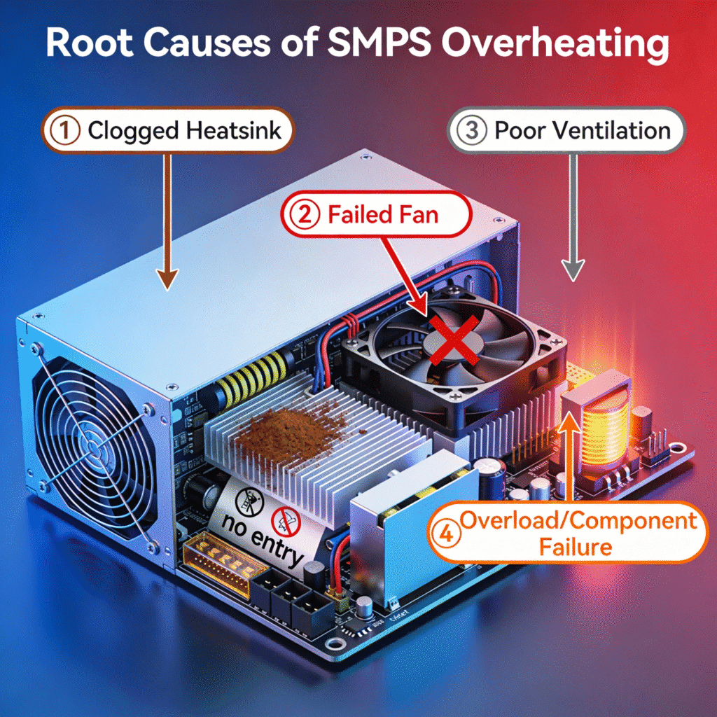 Technical cutaway diagram of an SMPS highlighting common overheating causes: clogged heatsink, failed fan, poor ventilation, and component stress, using thermal color coding.