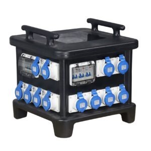 stackable-waterproof-portable-power-distribution-box IP67-plastic-electrical-distribution-box-with-sockets industrial-portable-power-board-with-32A-sockets orange-waterproof-distribution-box-for-construction-site open-view-portable-distribution-box-internal-wiring multiple-stacked-power-distribution-boxes-on-site