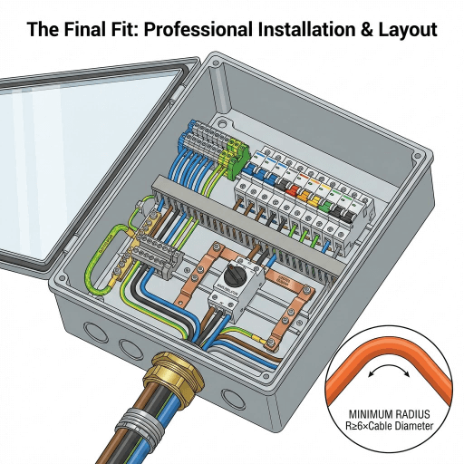 Isometric cutaway view of a professionally installed 12-way distribution box, showcasing optimal component layout, cable management with proper bending radius, labeling, and safety features.