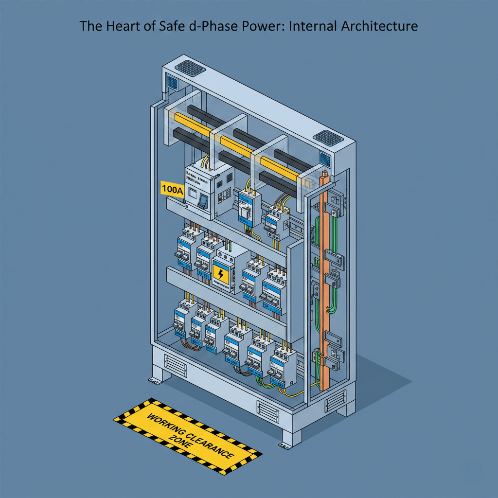 Cutaway diagram of a 3-phase industrial distribution box, highlighting phase segregation, hierarchical circuit protection (MCCBs, RCDs), touch-safe barriers, and the integrated earthing system.