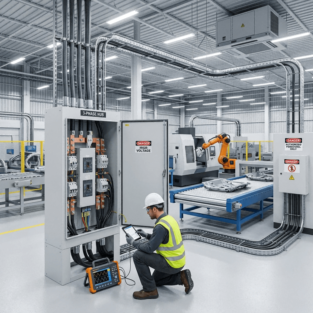 3-Phase Distribution Boxes Industrial Applications & Safety (2) Scene in an industrial plant showing a 3-phase distribution box as the central power hub, reliably feeding conveyor systems, motors, and lighting, with a technician performing power quality monitoring.
