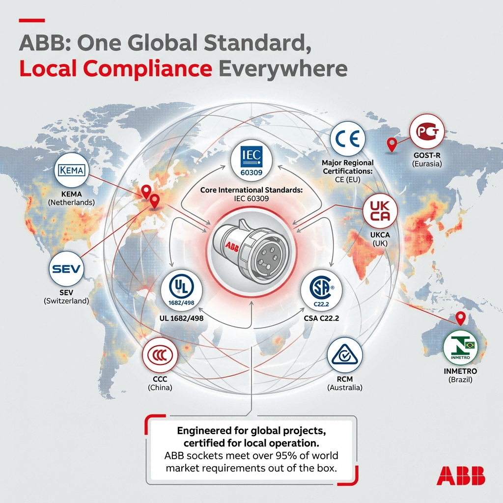 ABB Industrial Sockets Global Compatibility & Technical Specs (1) Infographic showing an ABB industrial socket at the center, connected to a network of global and regional safety certifications and standards it complies with.