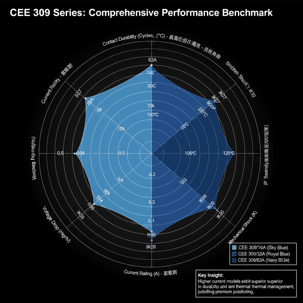 Radar chart benchmarking three CEE 309 Series models (16A, 32A, 63A) across six key performance metrics including durability, thermal rating, and electrical efficiency.