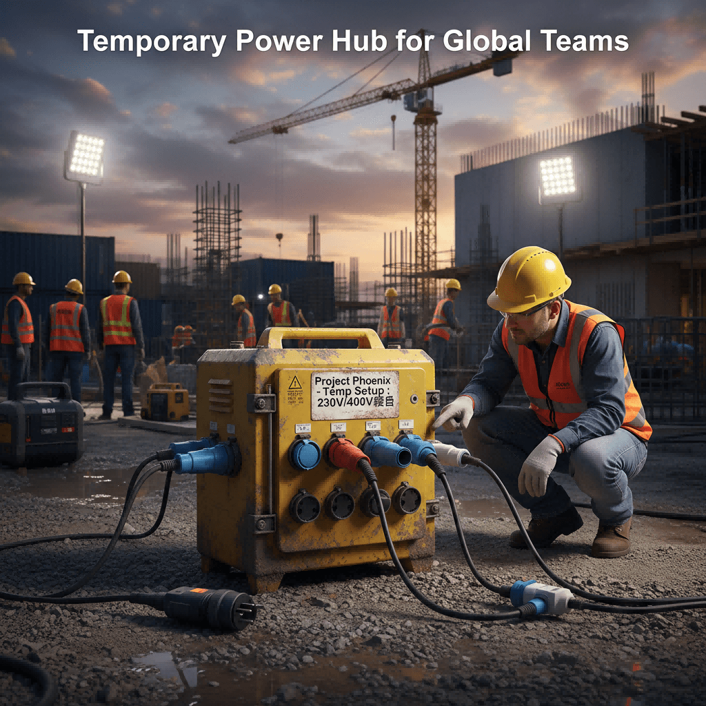 Construction site scene showing temporary power distribution using CEE adaptors to connect equipment from different countries to a central power hub.