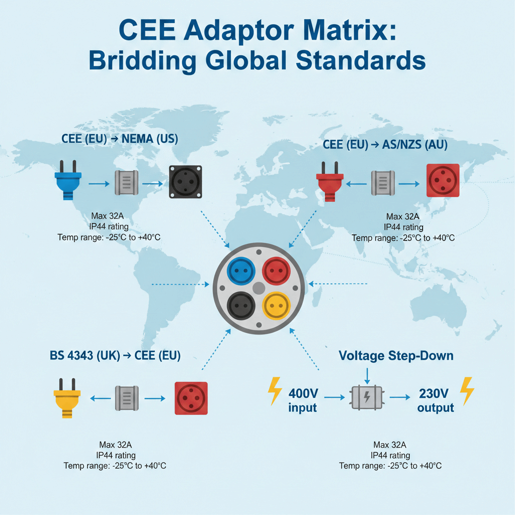 Infographic matrix showing four common CEE adaptor conversions for global site compatibility between EU, US, UK, and Australian standards.