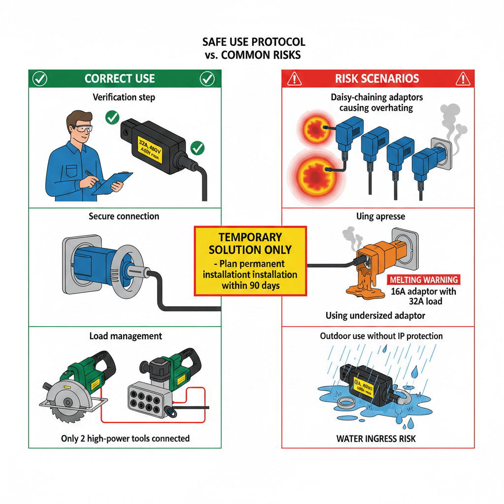 Safety diagram comparing correct procedures for using CEE adaptors versus common risk scenarios like overloading and environmental exposure.