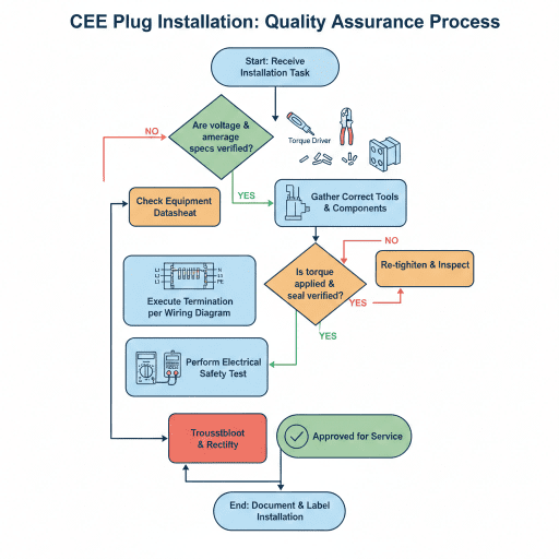 CEE Plug Installation Guide for Industrial Power Distribution (3) A top-down linear flowchart titled 'CEE Plug Installation: Quality Assurance Process.' The installation process is standardized into an auditable quality control procedure through a series of decision points and action blocks, with color coding used to distinguish statuses.