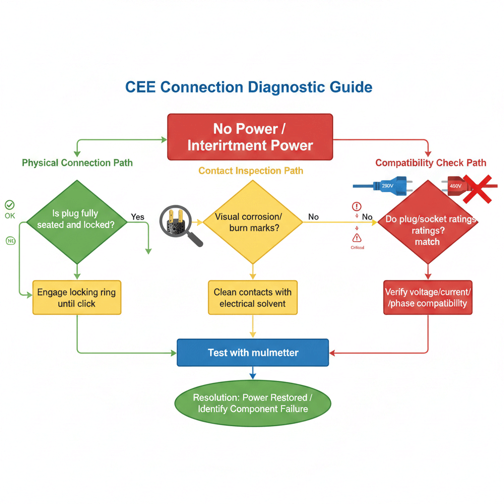Troubleshooting flowchart for CEE plugs diagnosing common issues: physical engagement, contact corrosion, and rating compatibility.