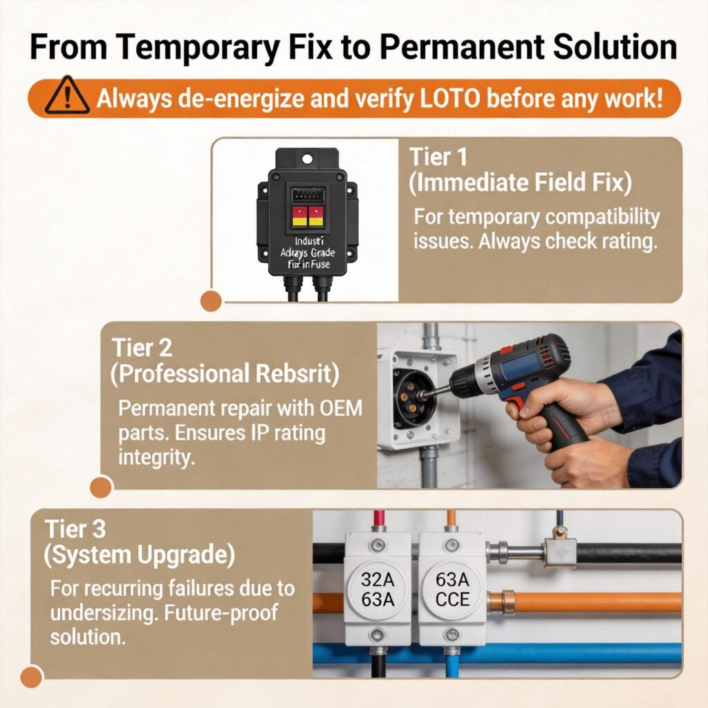 Infographic showing three levels of solutions for CEE connector issues: temporary adapters, professional repair, and system upgrades.