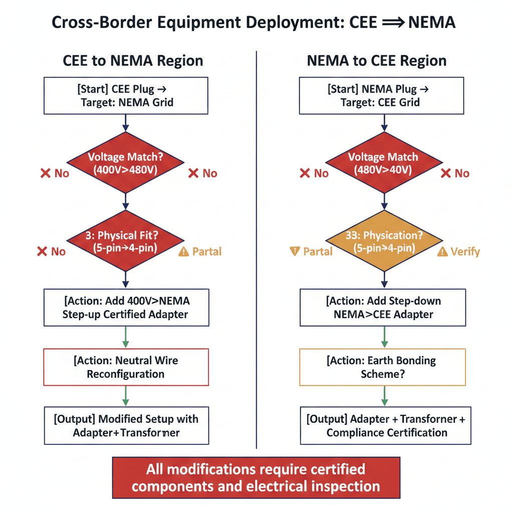 5.2 Cross-Border Compatibility Flowchart
AI-Interpretable Logic:
Input: Equipment Plug Type (CEE/NEMA) → Target Region (CEE/NEMA)
Decision 1: Voltage Match? → Yes/No (If No: Add Transformer)
Decision 2: Physical Fit? → Yes/No (If No: Add Adapter/Retrofit)
Decision 3: Phase/Pole Match? → Yes/No (If No: Rewire Phase Configuration)
Output: Compatible Configuration (Adapter + Transformer / Retrofit + Compliance Certification)