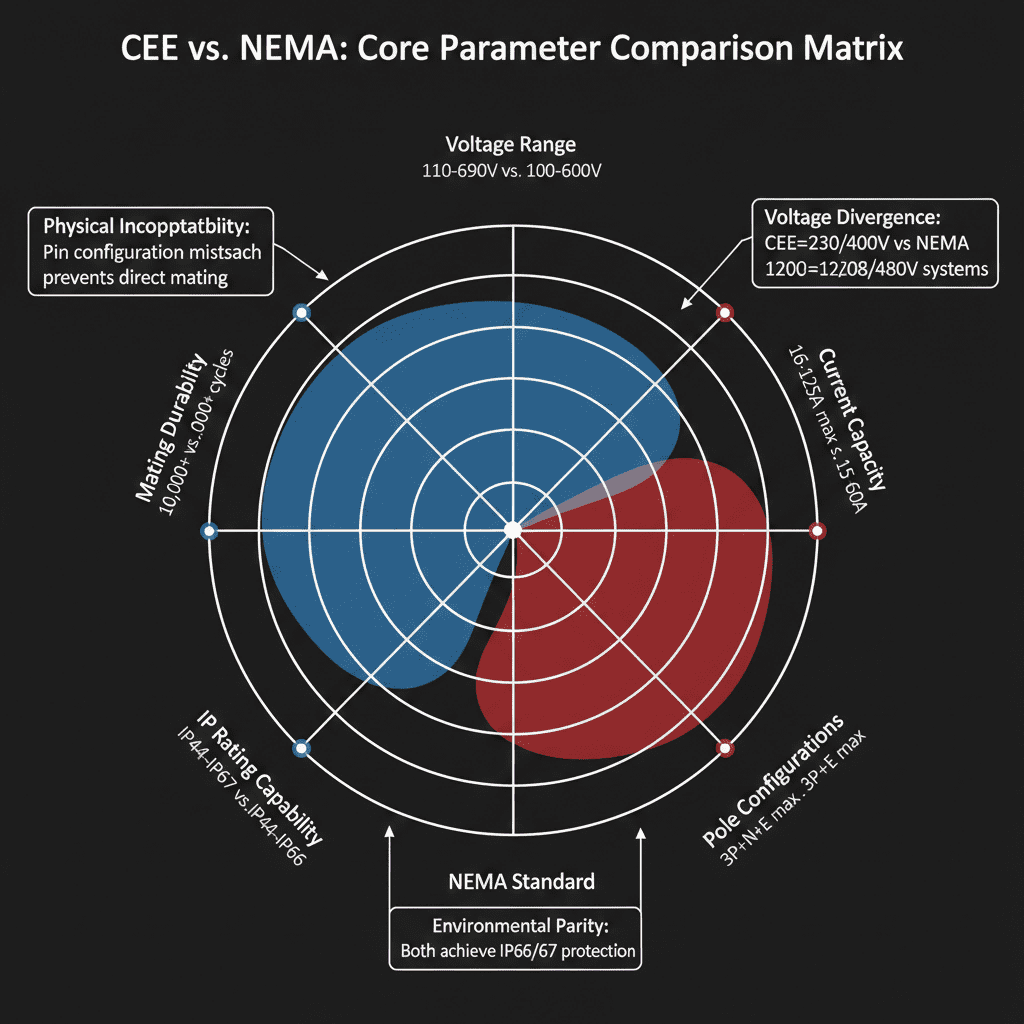 5.1 Key Parameter Bar Chart
Chart Type: Dual-axis bar chart
X-axis: Parameters (Voltage, Current, Pole Count, IP Rating, Mating Cycles)
Y1-axis: Numeric Value (Voltage: V; Current: A; Pole Count: #; IP Rating: Numeric Equivalent; Mating Cycles: 1,000s)
Y2-axis: Compatibility Score (1–10, 10 = fully compatible)
Key Insight: CEE and NEMA share environmental protection (IP) compatibility but diverge sharply in voltage, pole count, and physical design (compatibility score = 3/10).