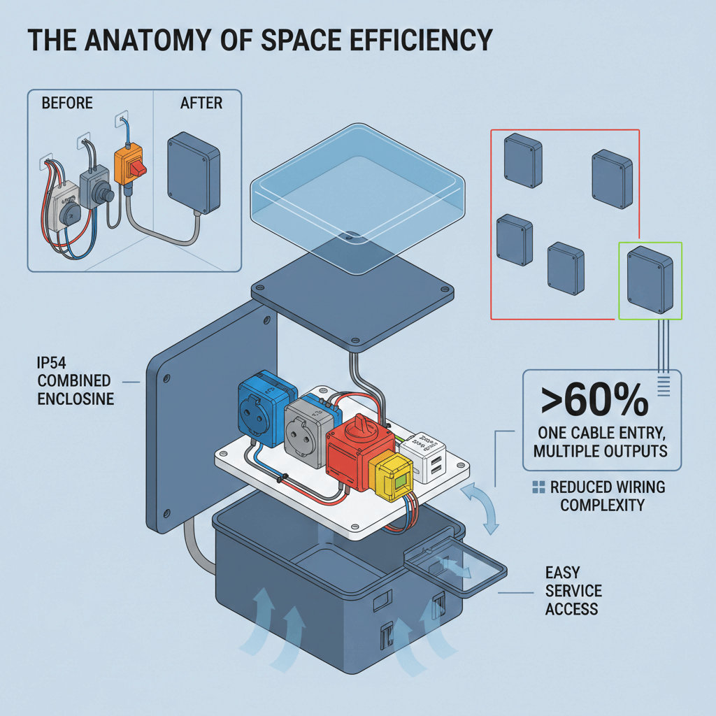 Combined Socket Boxes Space-Saving Industrial Power Solutions (1) Exploded isometric view of a modular combined socket box, showing how multiple functions (sockets, switches, USB) integrate into a single enclosure to save space and simplify wiring.