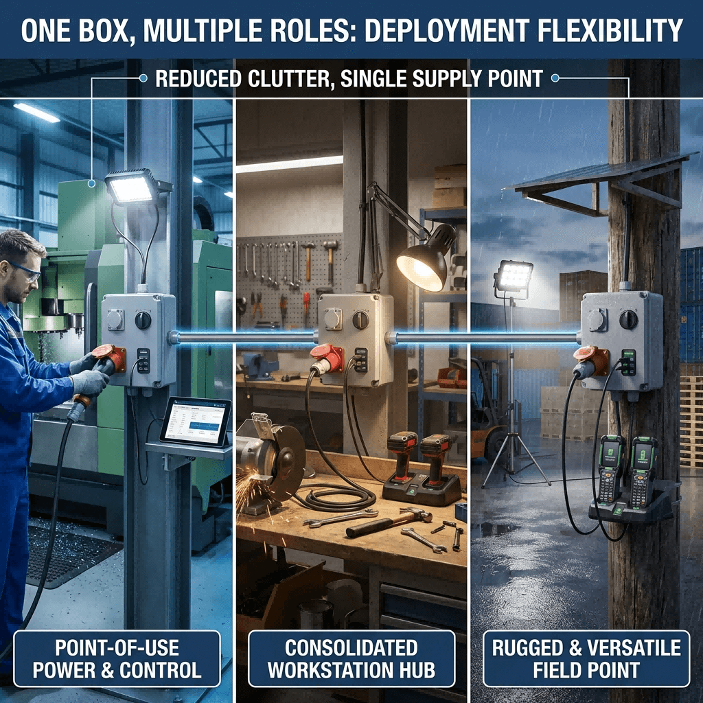 Triptych showing the same combined socket box deployed in three different industrial environments: a manufacturing cell, a maintenance workshop, and an outdoor logistics area, demonstrating its versatility.