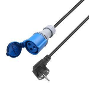 EV-charging-plug-adapter-Schuko-to-CEE-blue-plug 16A-32A-220V-EV-adapter-with-0.3m-cable-front ABS-PC-fireproof-EV-charger-adapter-side-view IEC-62196-compliant-charging-plug-adapter EV-charging-accessory-replacement-plug-adapter compact-EV-adapter-Schuko-CEE-plugs-close-up