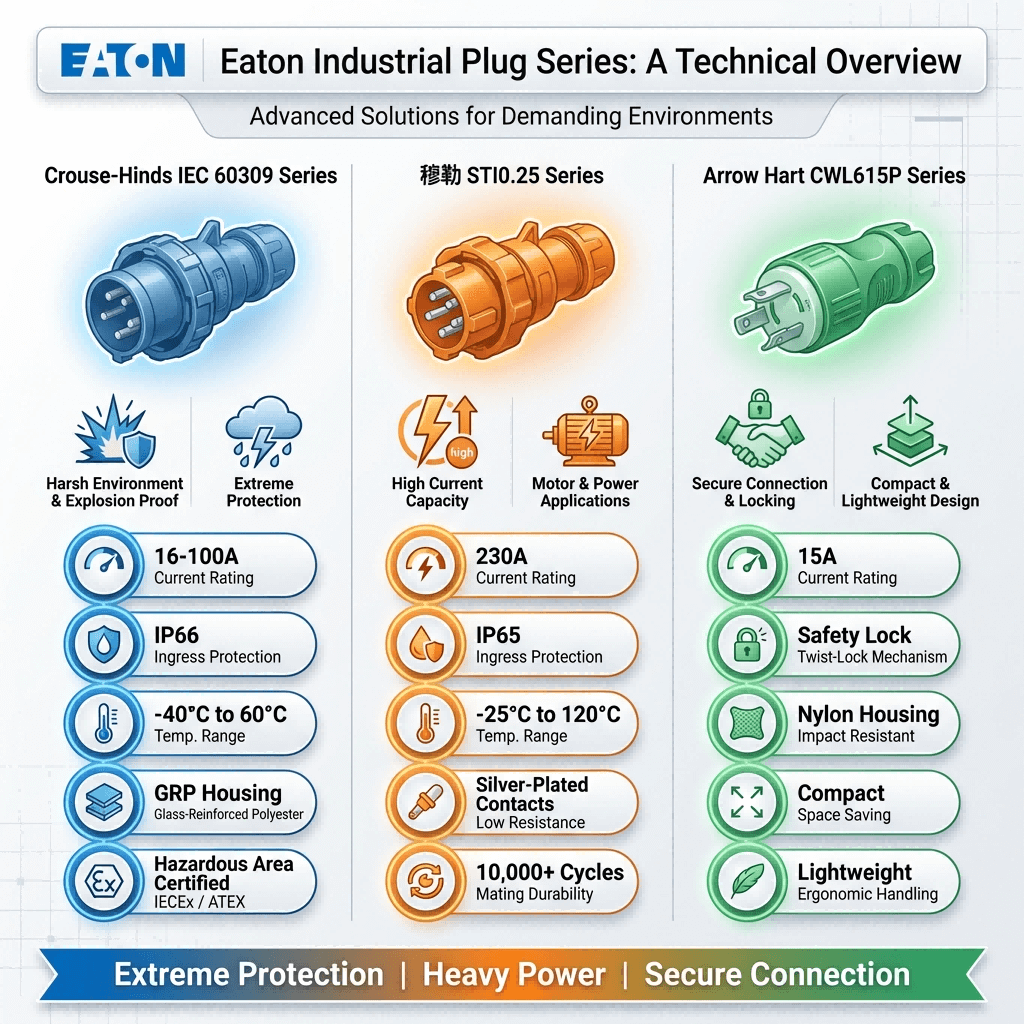 Three-column infographic comparing key specifications and design focus of Eaton's Crouse-Hinds, Moeller STI0.25, and Arrow Hart CWL615P industrial plug series.
