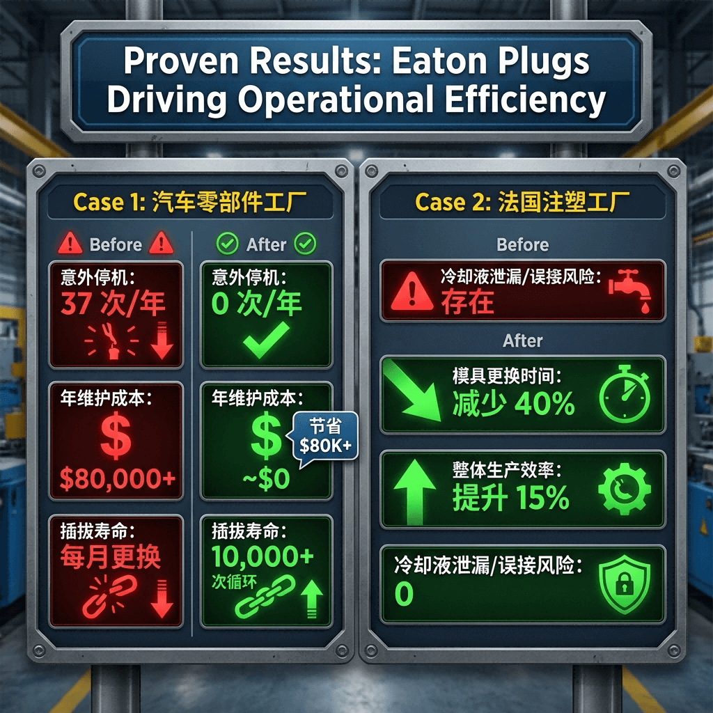 Dashboard comparing key performance indicators (downtime, cost, changeover time) before and after implementing Eaton industrial plug solutions, based on real-world case studies.