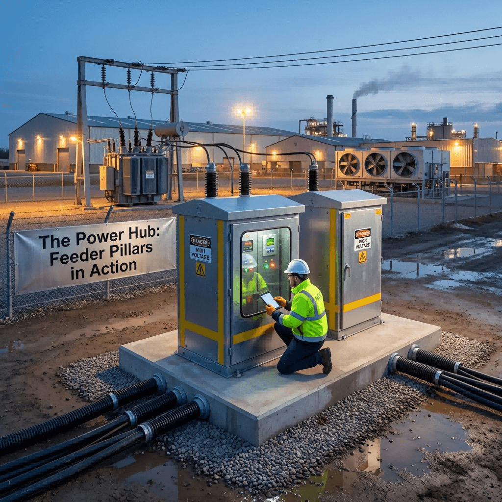 Dusk scene at an industrial facility showing outdoor feeder pillars installed on concrete bases, reliably distributing power to various plant loads, with an engineer performing routine checks.