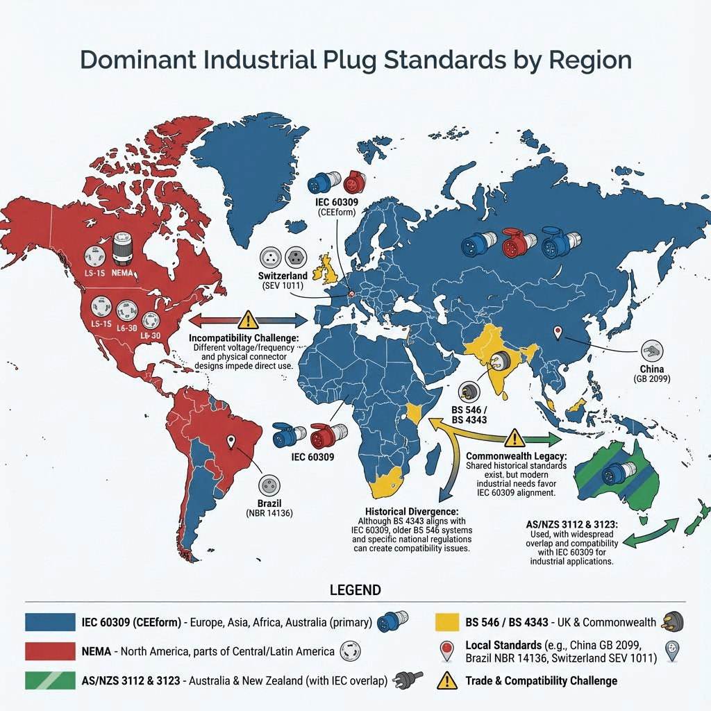 World map infographic color-coding the dominant industrial plug and socket standards by global region, including IEC, NEMA, AS/NZS, and BS standards.