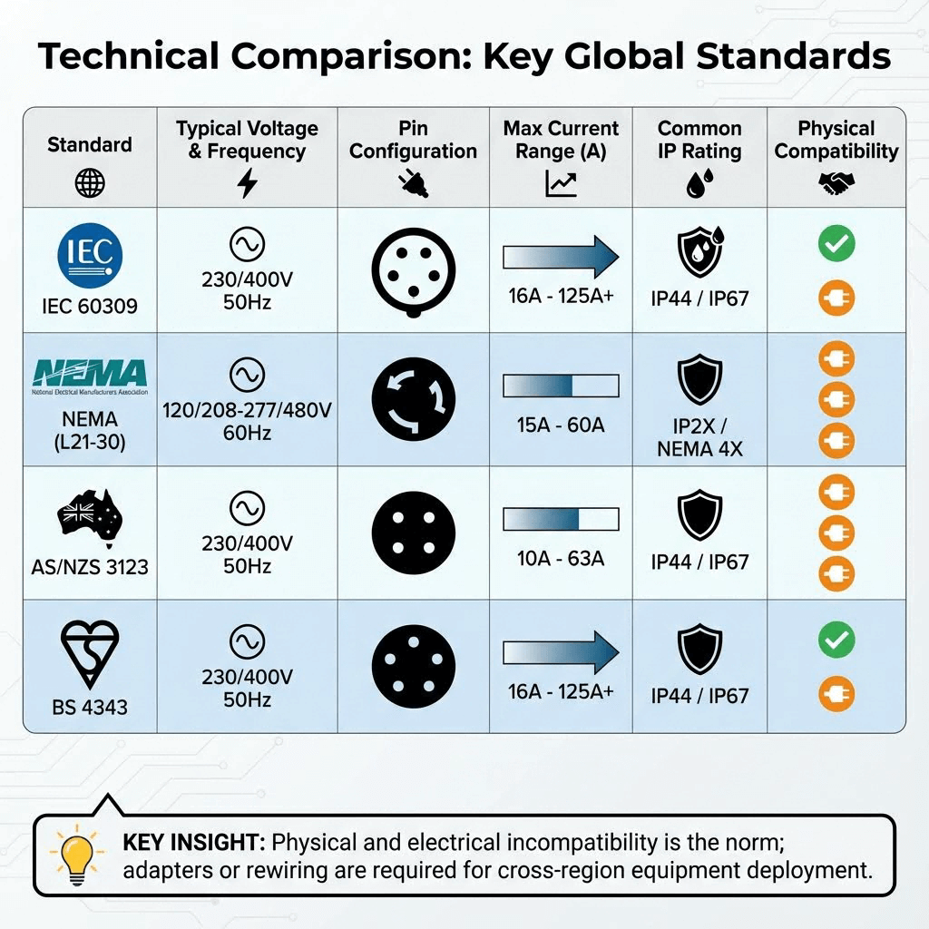 Comparison table of key global industrial plug standards (IEC, NEMA, AS/NZS, BS) detailing voltage, pin configuration, current, protection ratings, and cross-compatibility.