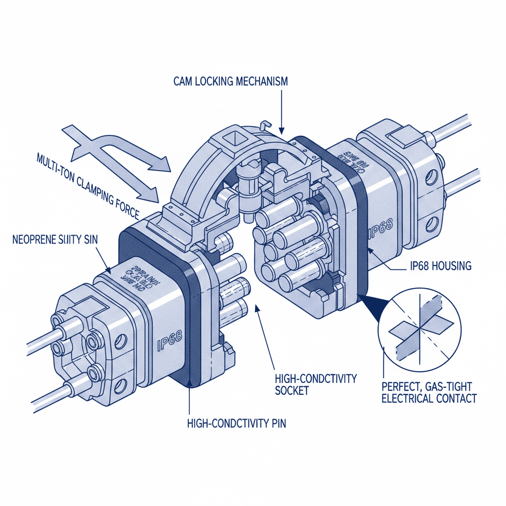 Exploded technical diagram of a heavy-duty cam lock connector set, detailing the high-current contacts, mechanical cam locking mechanism, and IP68 sealing components.