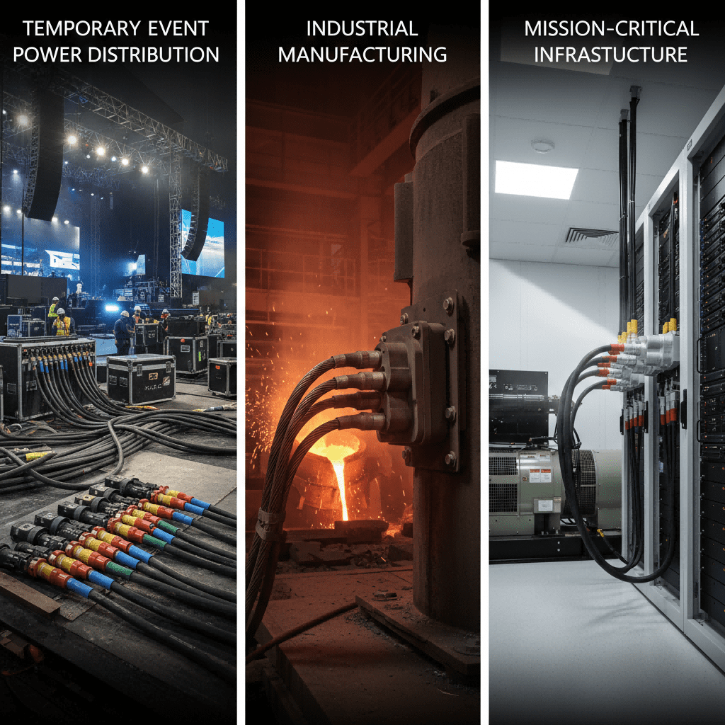 Triptych showing heavy-duty cam lock connectors in critical applications: large-scale event power distribution, high-current industrial processes, and mission-critical infrastructure hookups.
