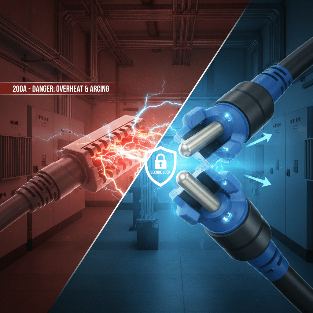 Conceptual comparison showing a heavy-duty cam lock connector providing cool, stable, and secure high-current transmission versus the risk of overheating in inferior connections.