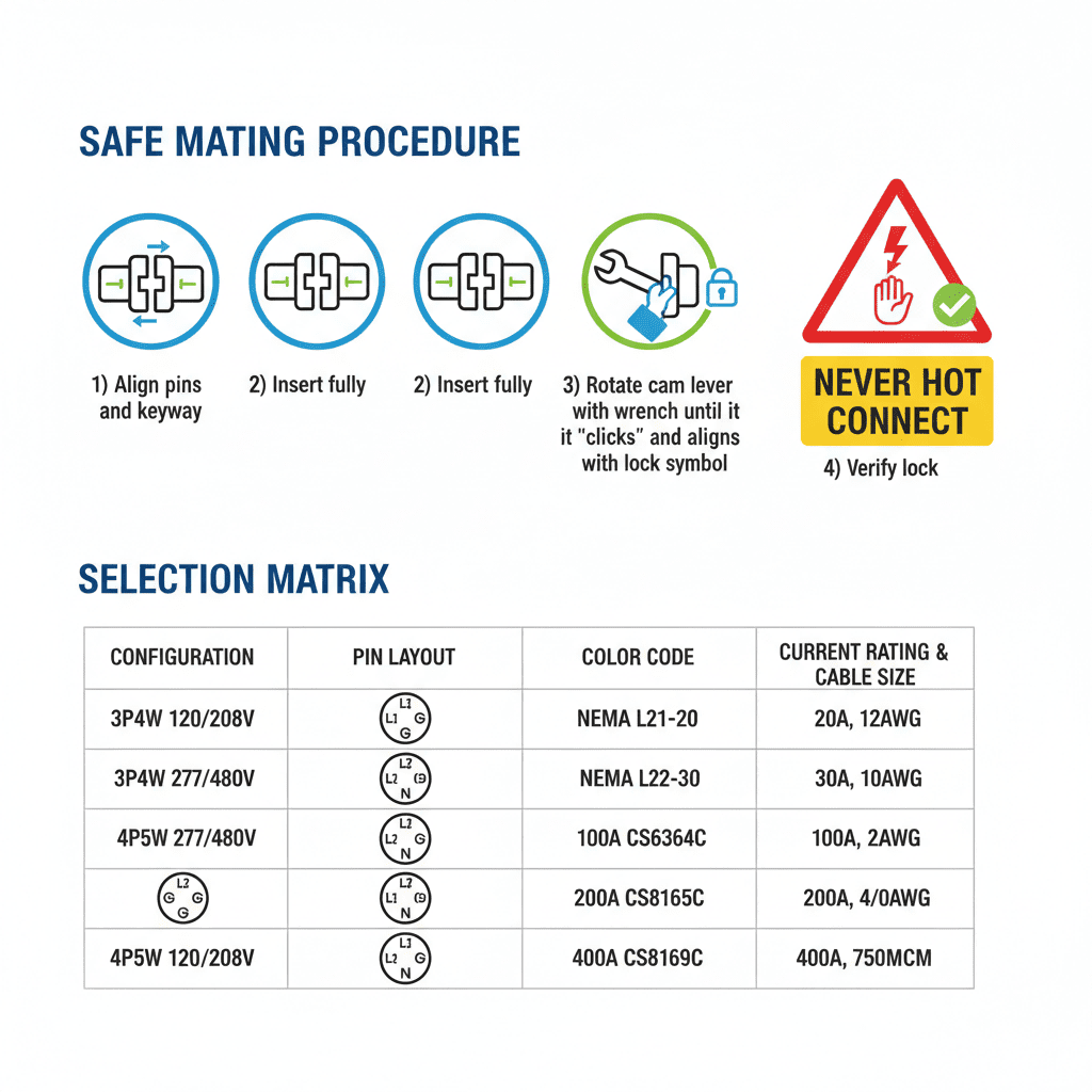 Infographic combining safe step-by-step instructions for mating cam lock connectors with a selection guide for voltage, pin configuration, and current rating.