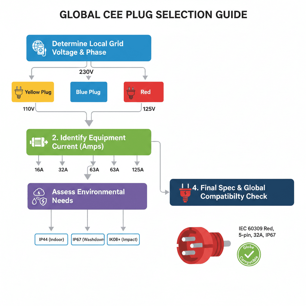A clear four-step decision flowchart titled 'Global CEE Plug Selection Guide.' It guides users to select CEE plug models that meet global standards through four steps: voltage/phases, device current, environmental requirements, and final specification check. The design is simple, using standardized color coding.