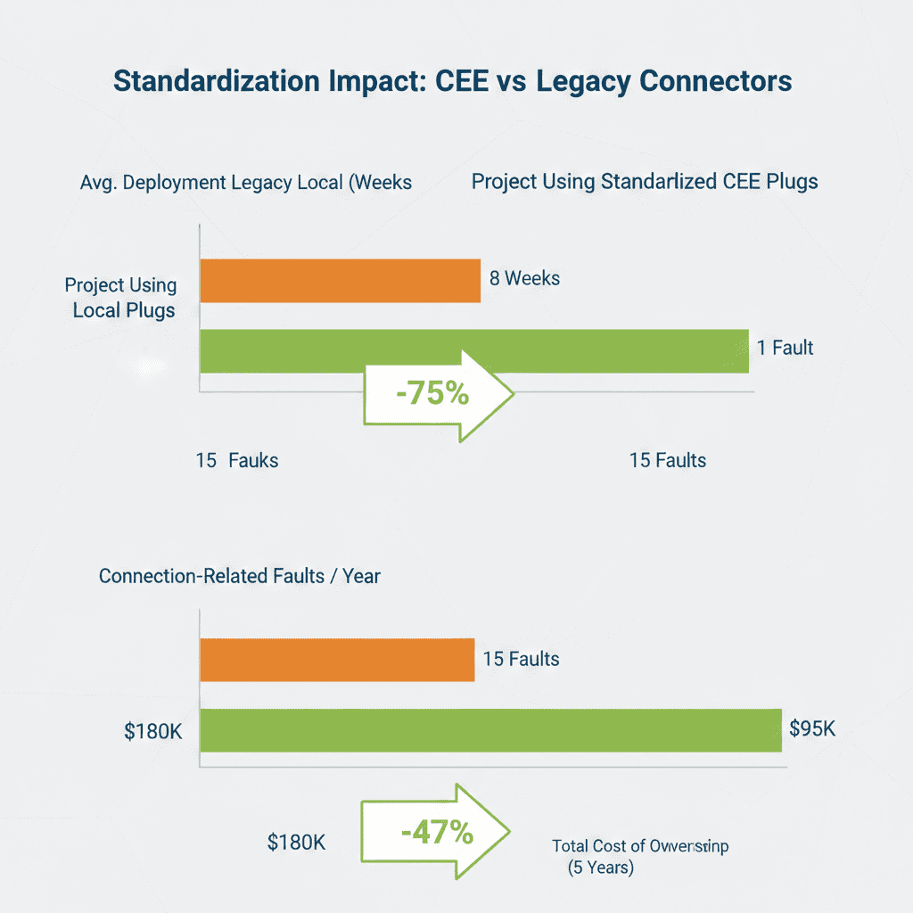 A powerful before-and-after bar chart dashboard titled 'Impact of Standardization: CEE vs. Traditional Connectors.' It quantifies the significant improvements achieved by adopting a standardized CEE solution across three dimensions: deployment time, connection failure rate, and total cost of ownership. The chart uses professional color schemes and presents the data clearly.