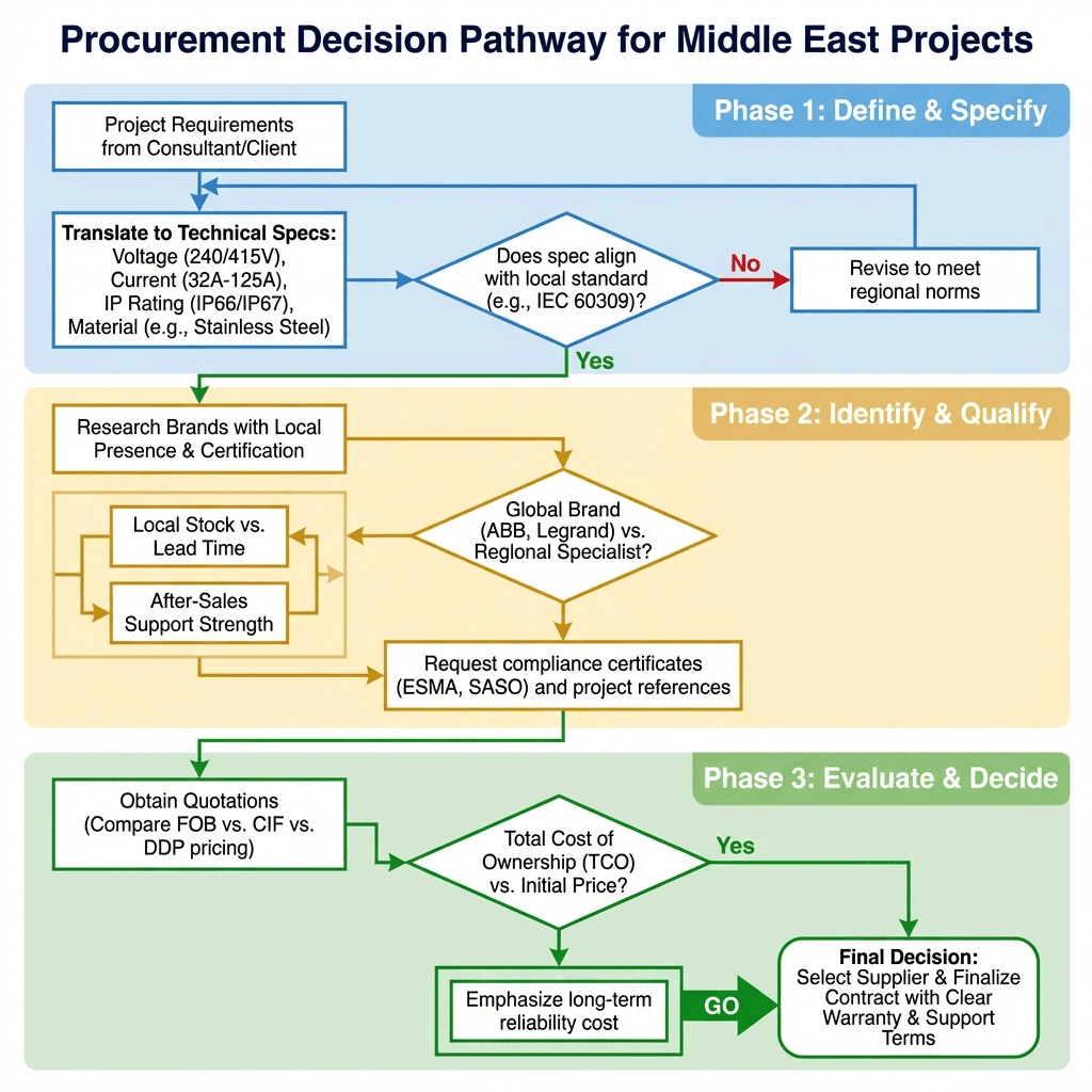 Flowchart illustrating the three-phase procurement process for industrial sockets in the Middle East, covering specification, supplier qualification, and commercial evaluation.