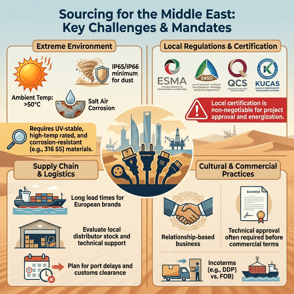 Infographic outlining the four key challenges of sourcing industrial sockets for the Middle East: extreme environment, local certification, supply chain logistics, and commercial practices.