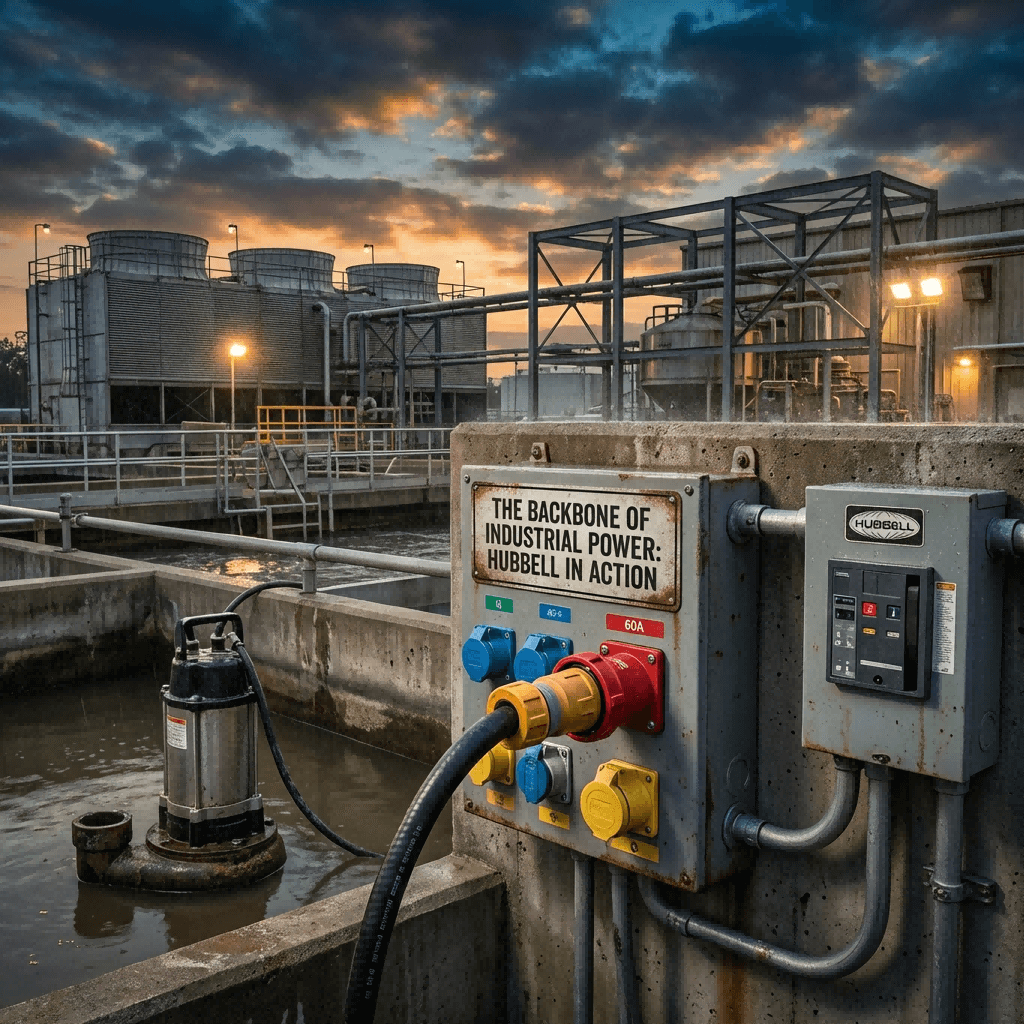 Application scene in a harsh industrial environment (e.g., treatment plant) showing a Hubbell socket-based power distribution system reliably feeding heavy machinery.