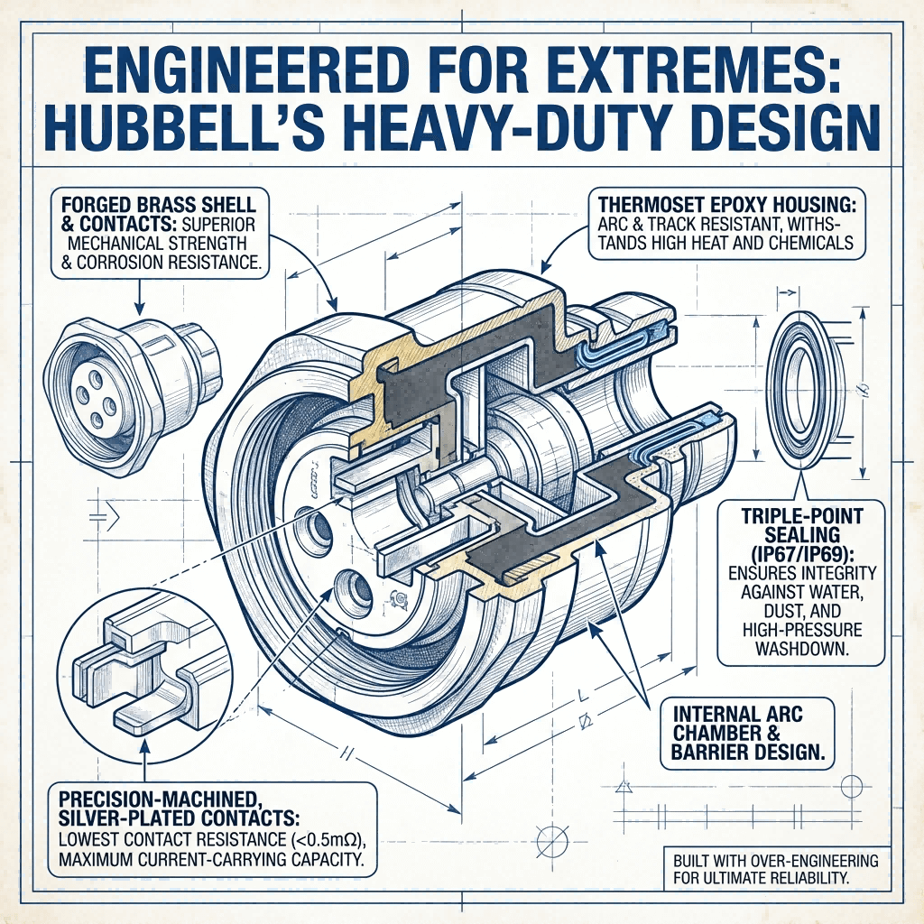 Cut-away technical illustration highlighting the heavy-duty construction features of a Hubbell industrial socket, including forged brass body, epoxy housing, and triple-point sealing.