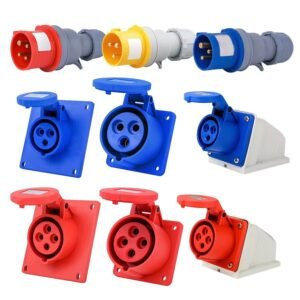 IP67-waterproof-industrial-plug-and-socket-set-3-pin IP44-industrial-connector-32A-240V-male-female-pair 5-pin-waterproof-industrial-plug-for-three-phase-power industrial-socket-16A-220V-female-IP67-rated comparison-3-4-5-pin-industrial-plugs-side-view waterproof-electrical-connector-installed-on-site