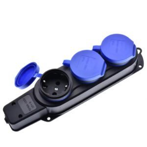 IP44 outdoor waterproof electrical socket with blue flip cover closed, black
