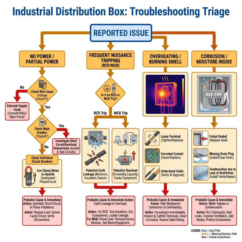 Industrial Distribution Box Troubleshooting Common Issues & Fixes (1) Flowchart for troubleshooting common industrial distribution box issues: no power, nuisance tripping, overheating, and internal corrosion, guiding to probable causes.