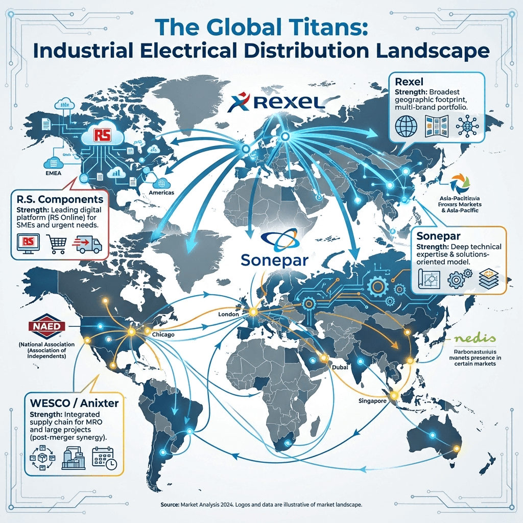 World map infographic illustrating the global reach and core strengths of leading industrial electrical distributors: Rexel, Sonepar, WESCO/Anixter, and RS Components.