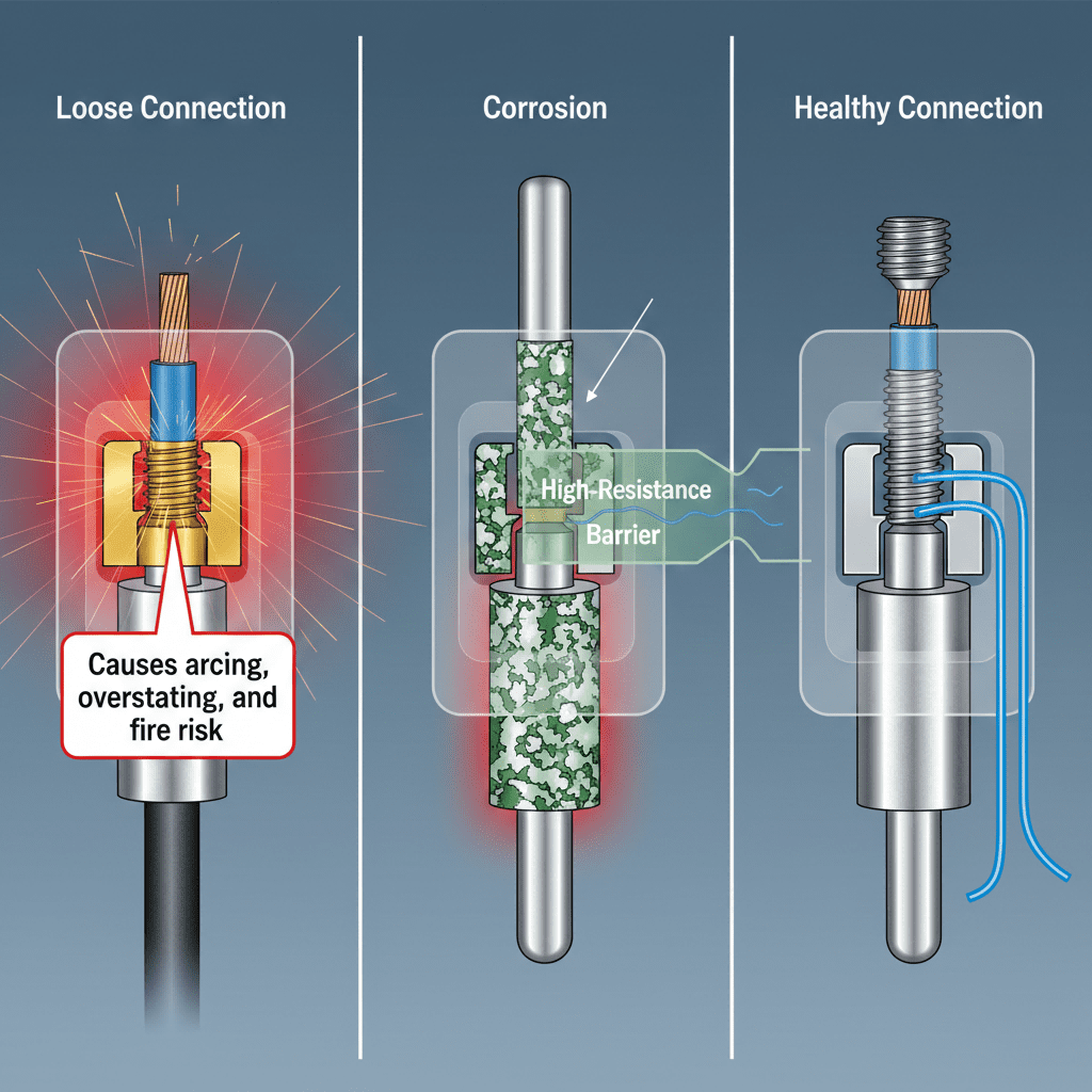 Diagnostic cross-section of an industrial connector showing the dangers of a loose terminal connection (causing arcing/heat) and pin corrosion (causing high resistance/overheating).