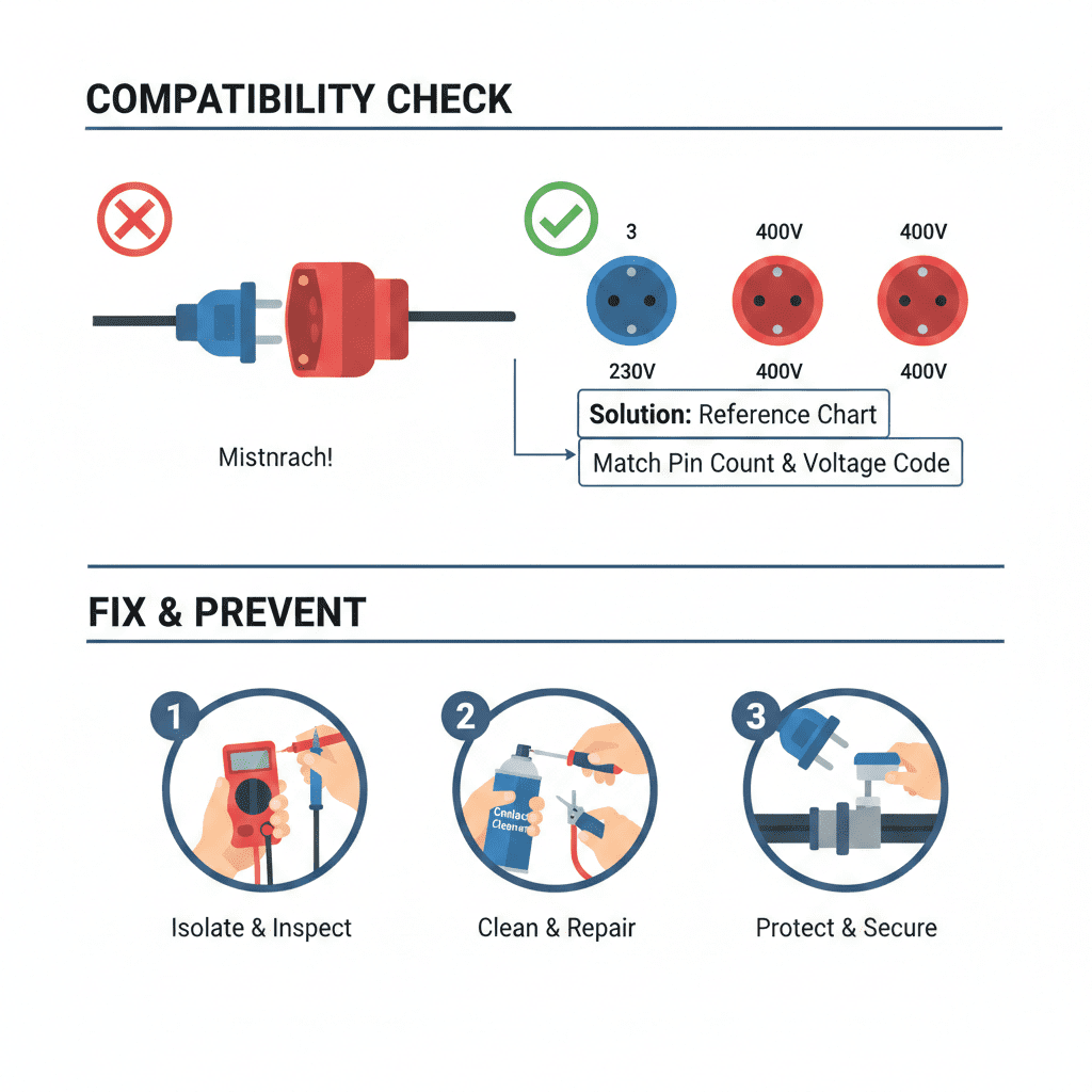 Troubleshooting guide: top section shows checking plug/socket pin and voltage compatibility; bottom section shows steps to clean, repair, and protect connections.