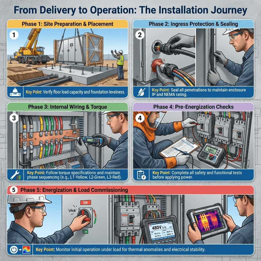 Five-step visual guide to installing and commissioning an industrial power center, covering placement, sealing, wiring, safety testing, and final energization.