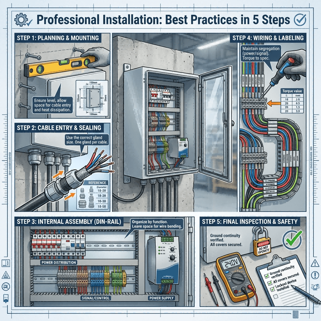Industrial Power Distribution Boxes Types & Installation Tips (2) Step-by-step visual guide showing the professional installation of an industrial distribution box, highlighting cable sealing, DIN-rail assembly, wiring management, and safety verification.