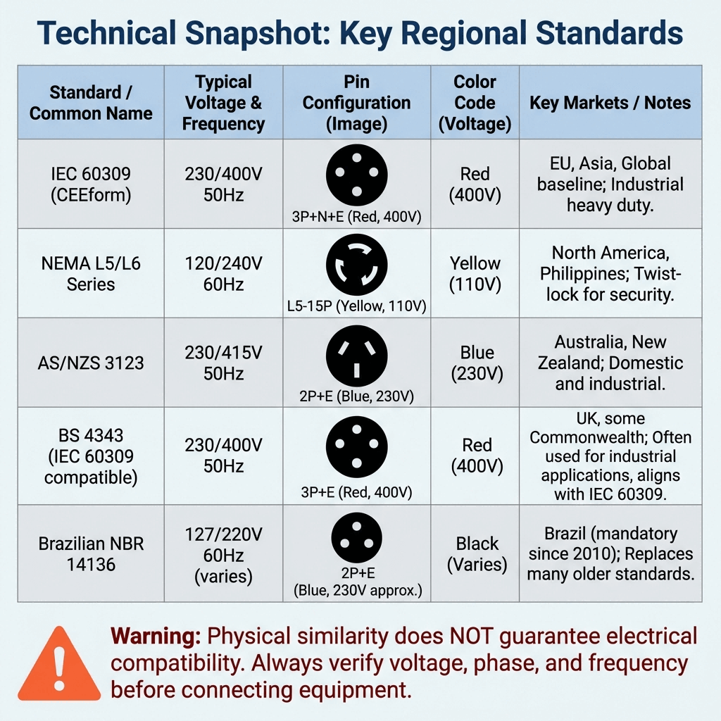 Industrial Socket Standards by Region(2026) A Global Guide Comparison table of major regional industrial socket standards, detailing typical voltage, pin configuration diagrams, color codes, and primary markets for each.