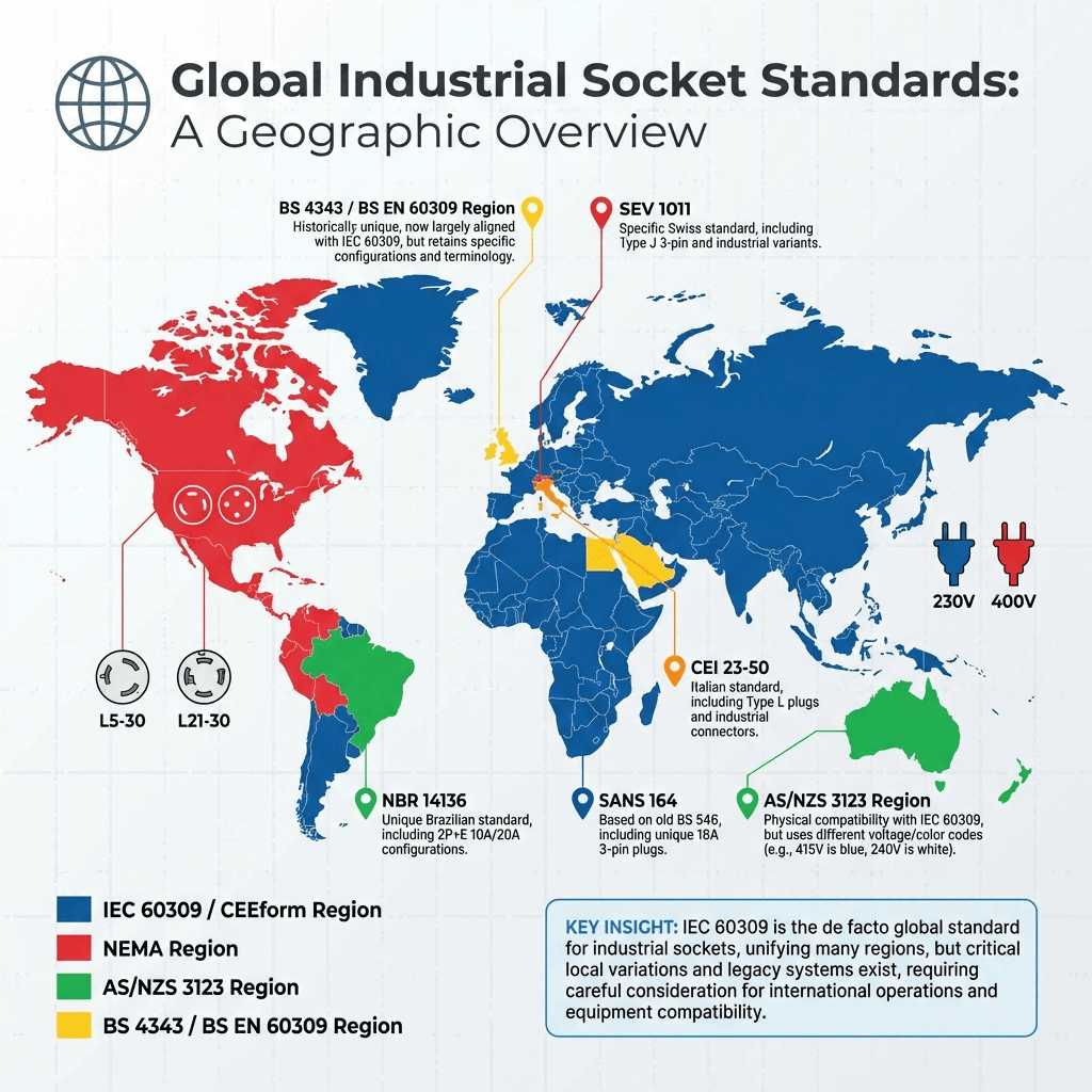 Industrial Socket Standards by Region(2027) A Global Guide Simplified world map infographic showing the geographic dominance of major industrial socket standard families: IEC, NEMA, AS/NZS, and BS, with key local variants marked.